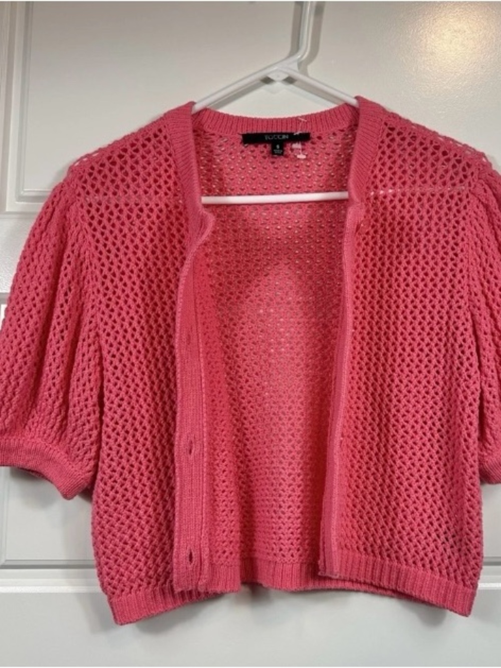 TOCCIN Woman’s Samantha Short Sleeve Crochet Knit Pink Cardigan